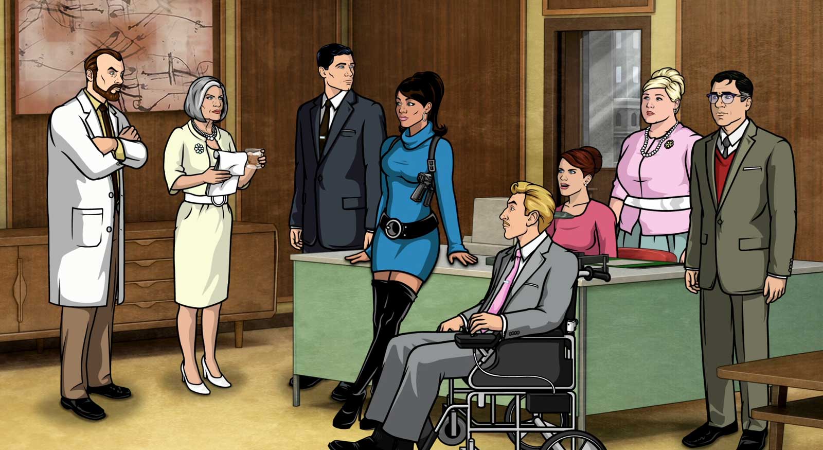 Lucky Yates as Krieger, Jessica Walter as Malory Archer, H. Jon Benjamin as Sterling Archer, Aisha Tyler as Lana Kane, Adam Reed as Ray Gillette, Judy Greer as Cheryl Tunt, Amber Nash as Pam Poovey, and Chris Parnell as Cyril Figgis in Archer (2009)